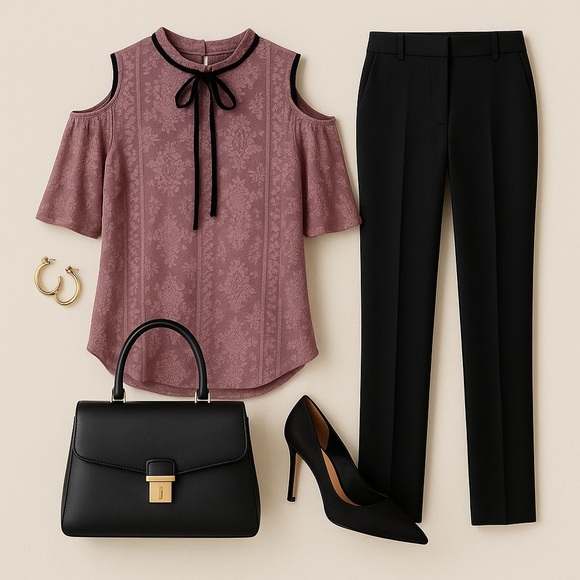 Lily White Mauve Lace Cold Shoulder w/ Black Ribbon Tie Romantic Boho Blouse - Picture 10 of 10